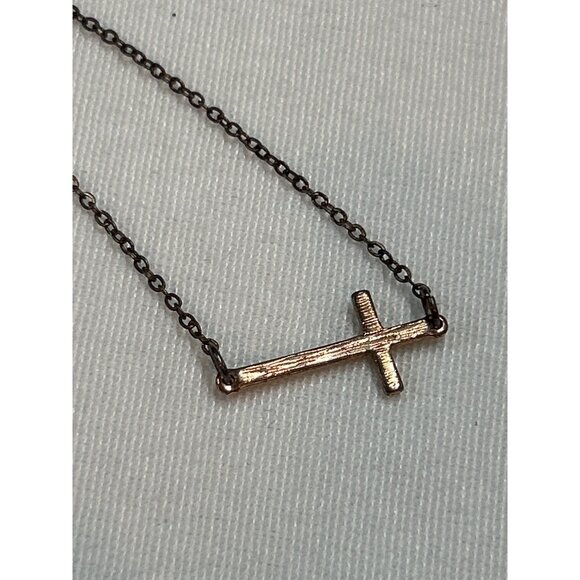 Horizontal Cross Necklace Gold Tone Rhinestone Accents Classic Minimalist - Picture 5 of 6
